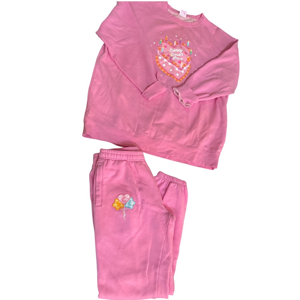 Stoney Clover Lane Pink Birthday Cake Sweatshirt and Joggers Set Womens XXL
